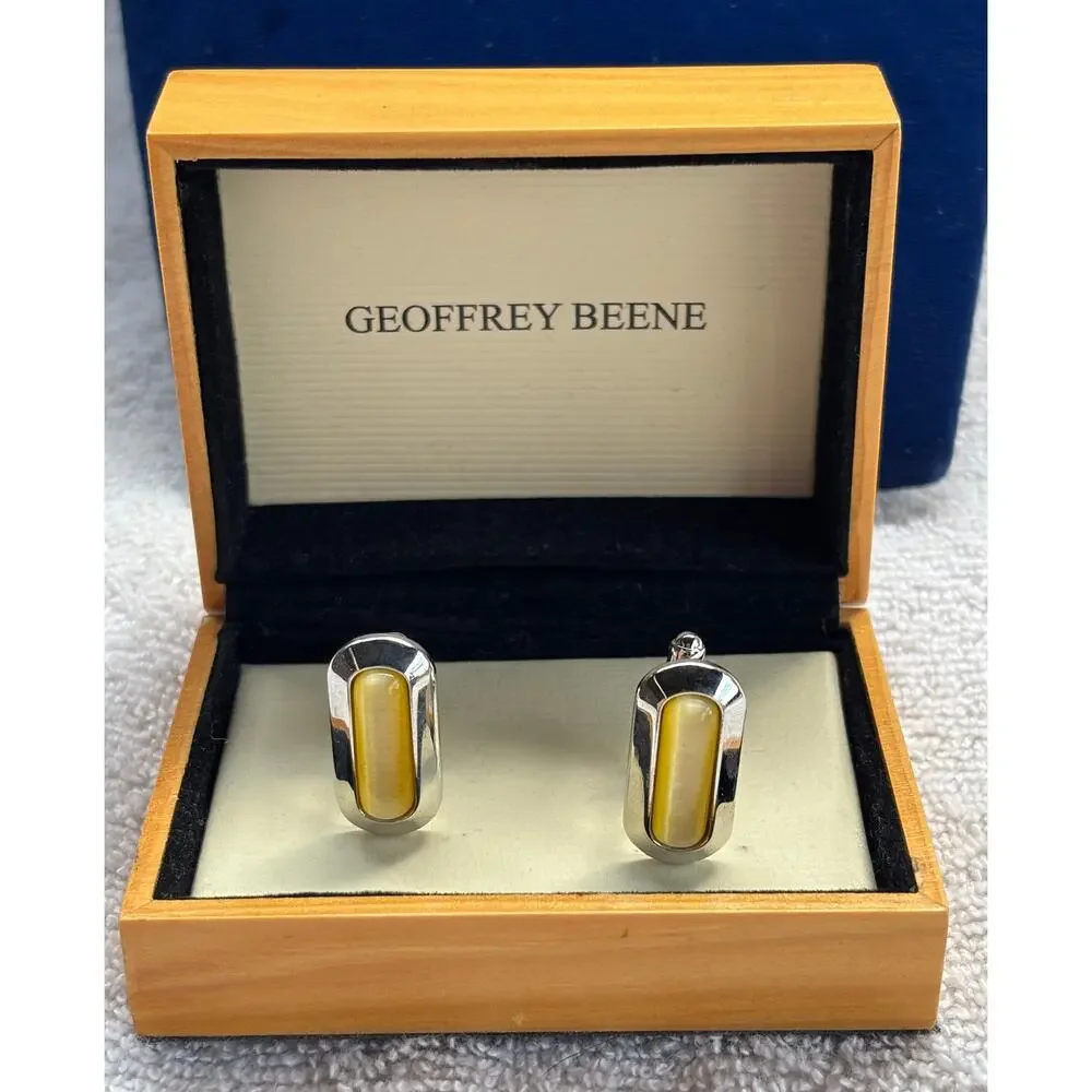Geoffrey Beene Silver Tone Mens Cufflinks Yellow Cats Eye Stone New NWT